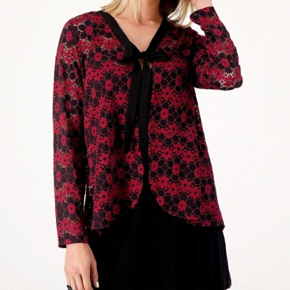 NEW Logo by Lori Goldstein Burgundy & Black Floral Lace Cardigan Tie Front Small - Picture 1 of 12